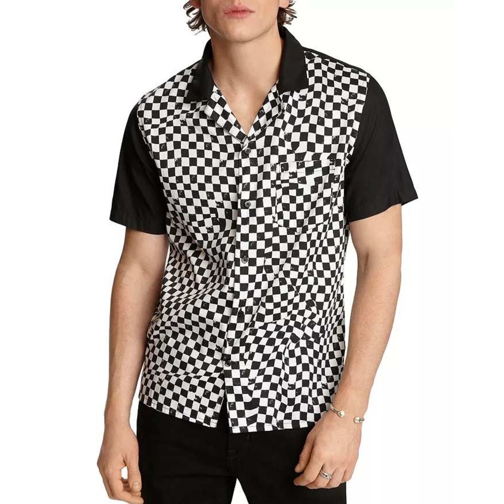 John‎ Varvatos Bobby Cotton Abstract Checkerboard Regular Fit Bowling Shirt L